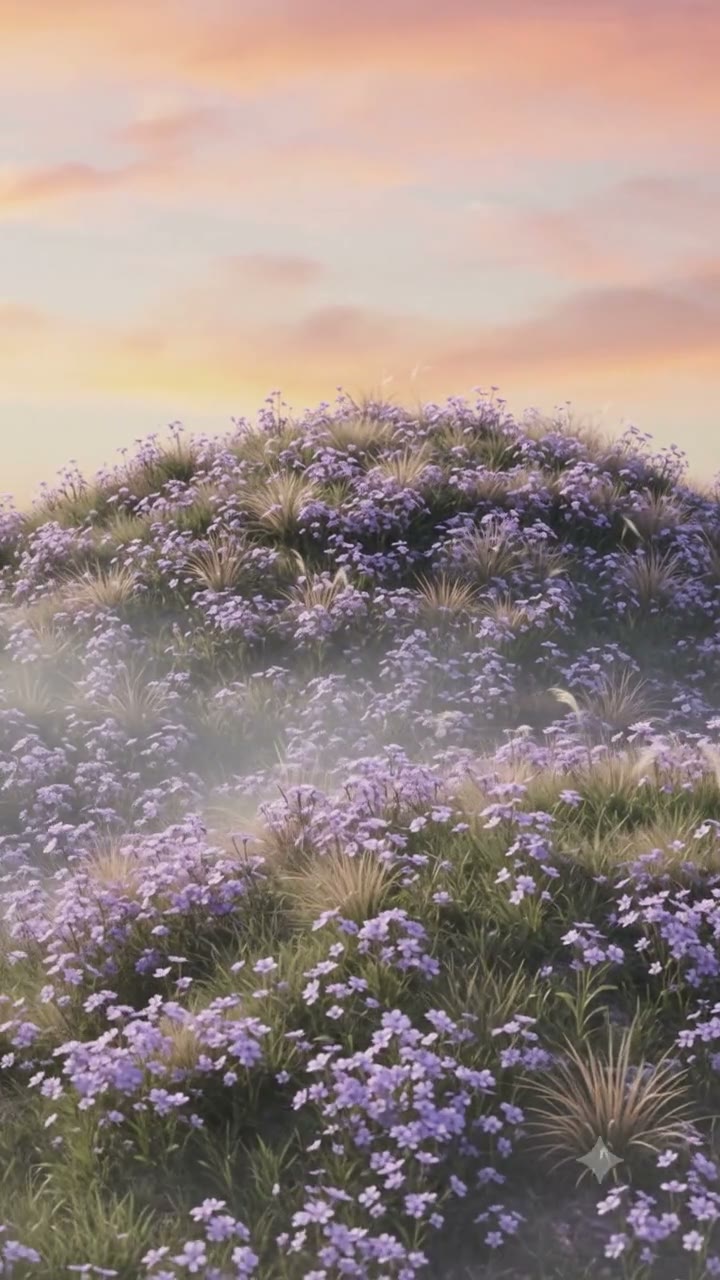 Hilltop of flowers under a sunset sky