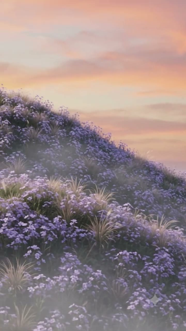 Mist drifting across a flowering hillside